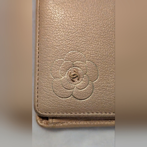 CHANEL Handbags - Chanel Bi Fold Leather Wallet With Camilla Flower COA Gold Metallic GUC